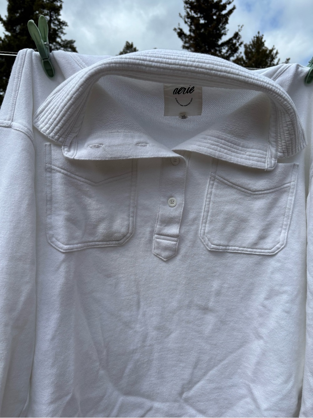 aerie White Long-Sleeve Polo Pullover